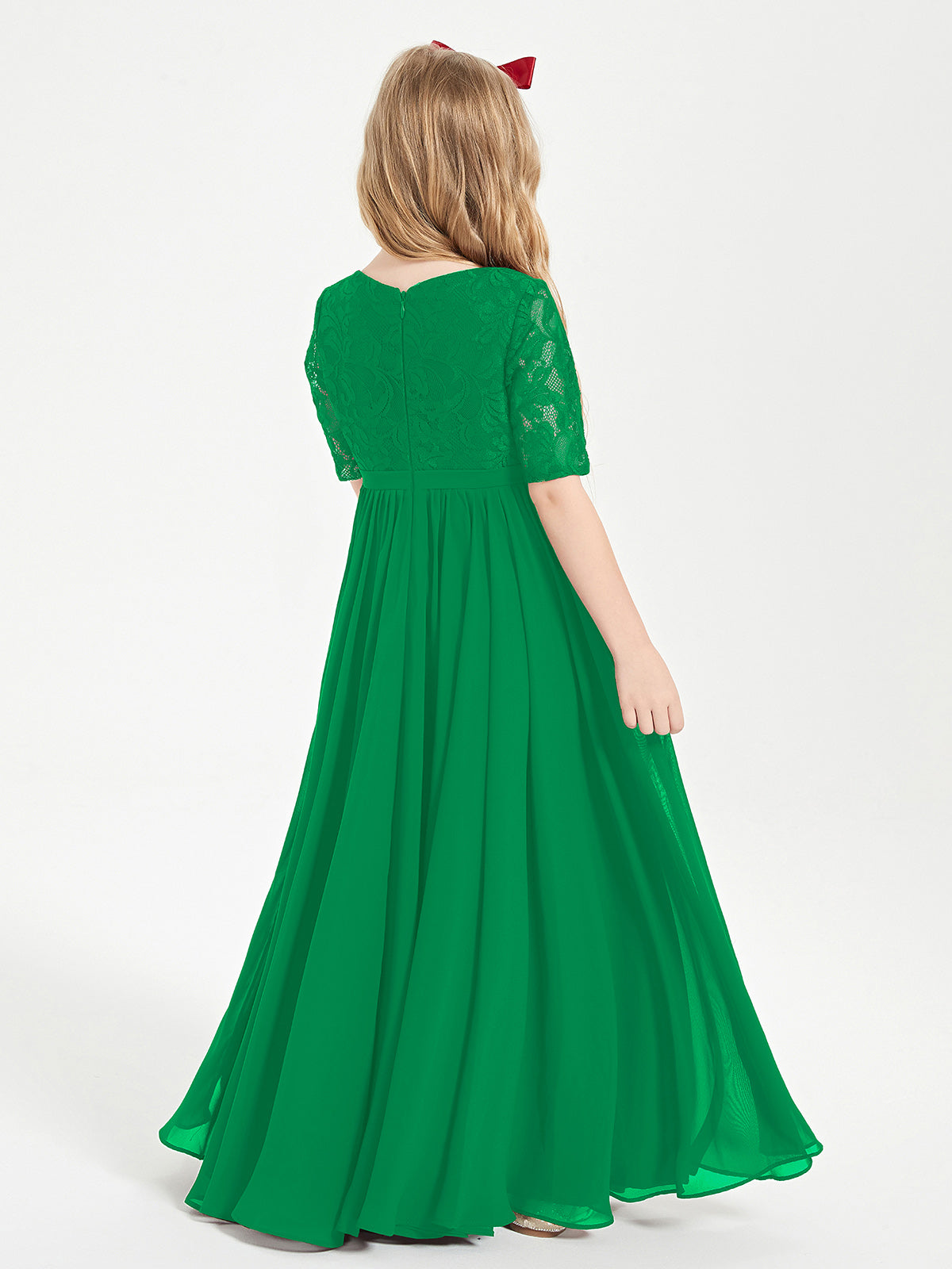Lace Top Half Sleeved Junior Bridesmaids Dresses Emerald
